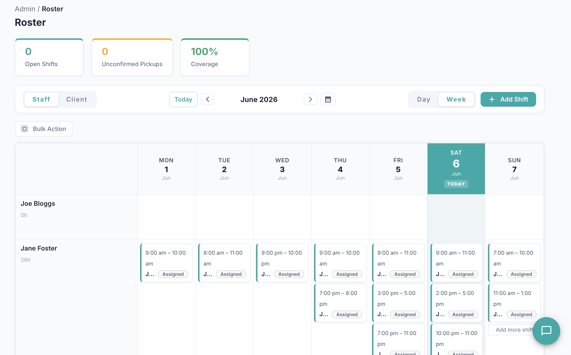 Admin roster view showing operational scheduling controls