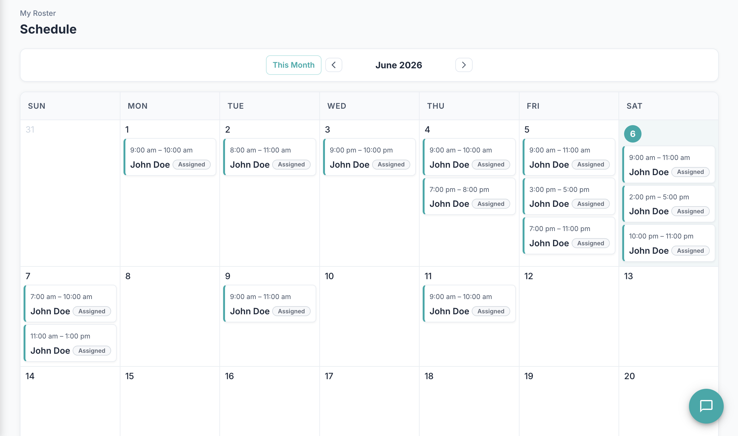 Client and staff roster view showing calendar-based scheduling